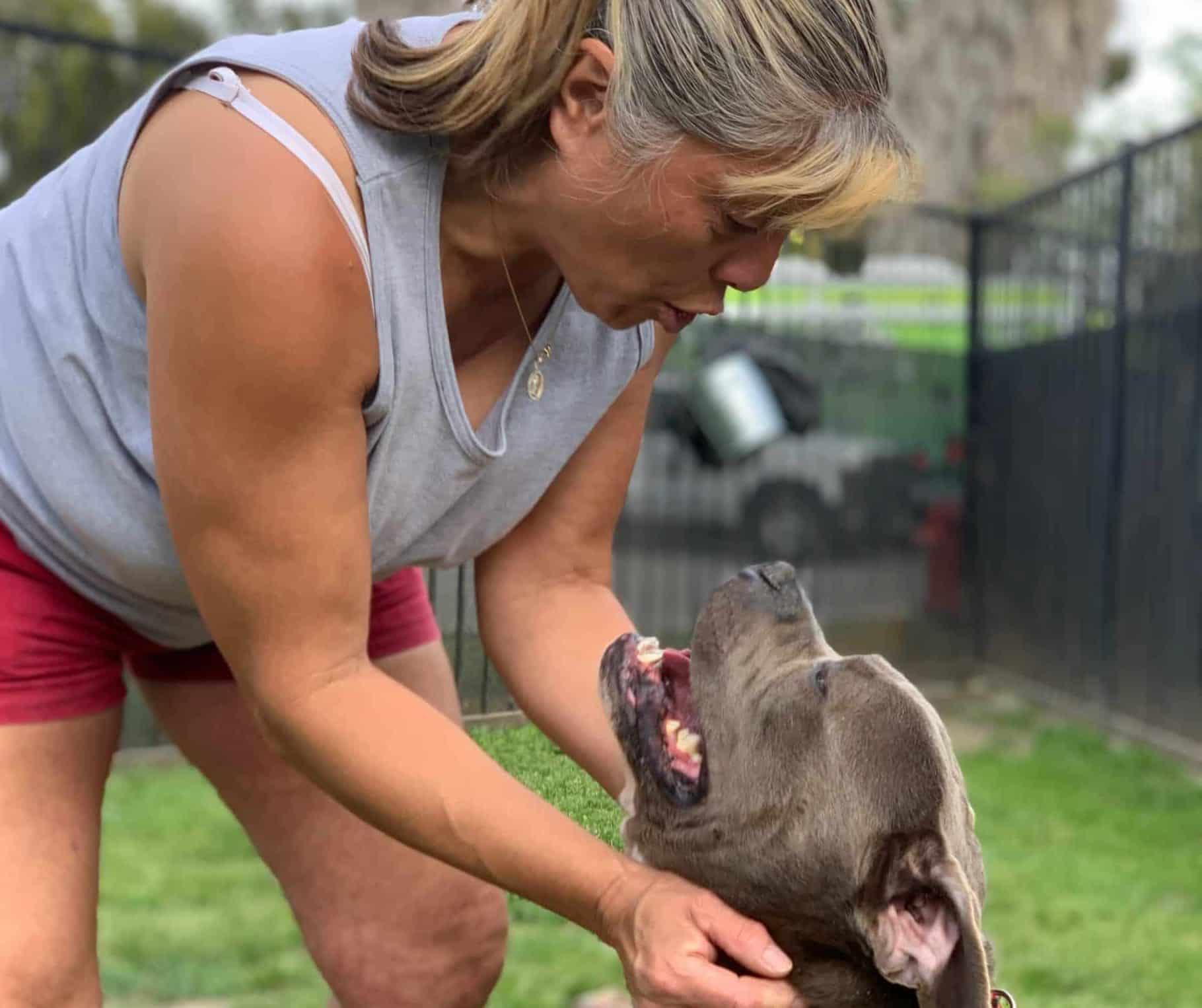 Blonde woman in white tank top and red shorts cuddles gray-and-white pit bull.