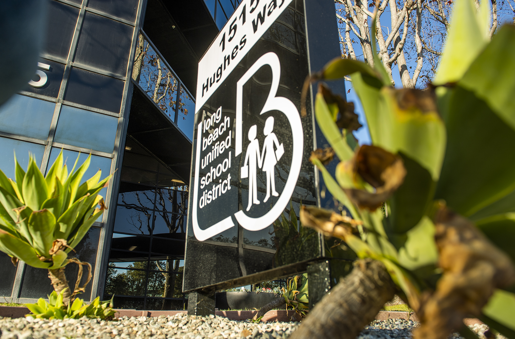 A sign displays the Long Beach Unified School District, where the main office is located in Long Beach.
