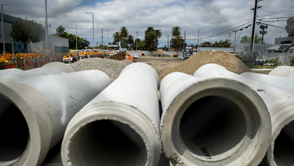 Pipes lie on a lot next to the Michelle Obama Library will be transferred empty land to LBCC.