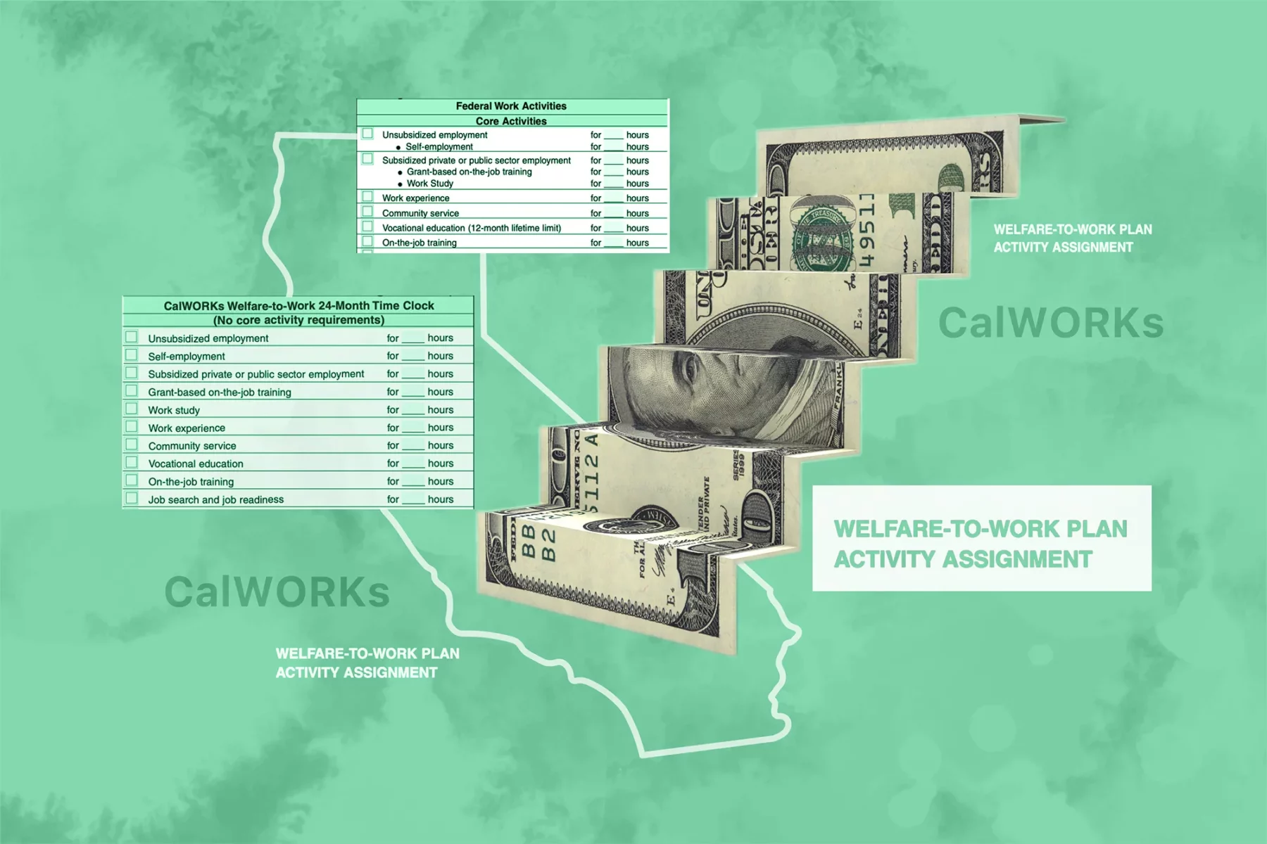 An illustration featuring money and spreadsheets.