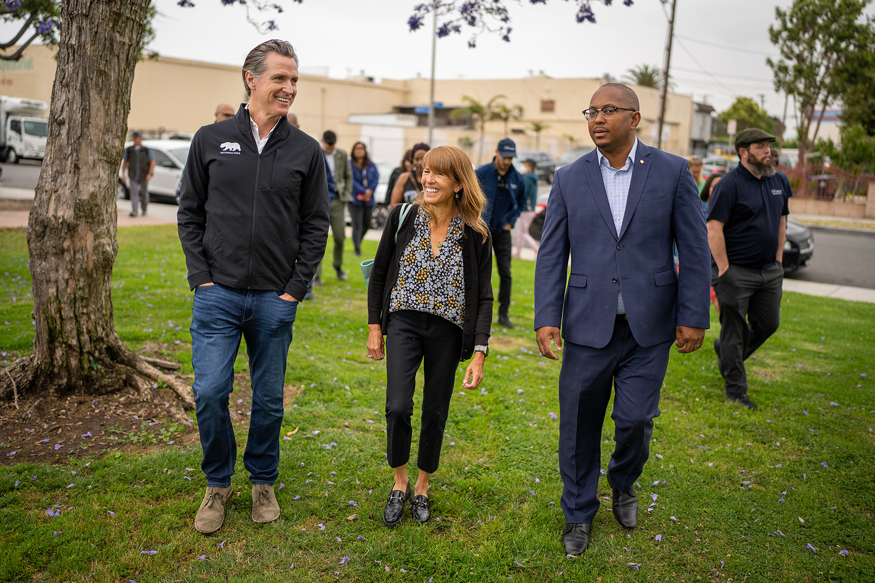 Gov. Gavin Newsom meets with Kelly Colopy, the city's public health director, and Mayor Rex Richardson in MacArthur Park.