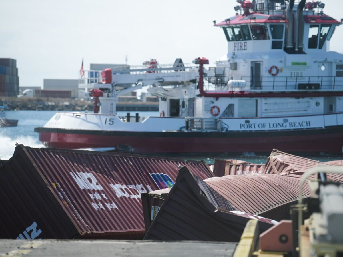 Dozens of shipping containers spill from docked vessel at Port of Long Beach