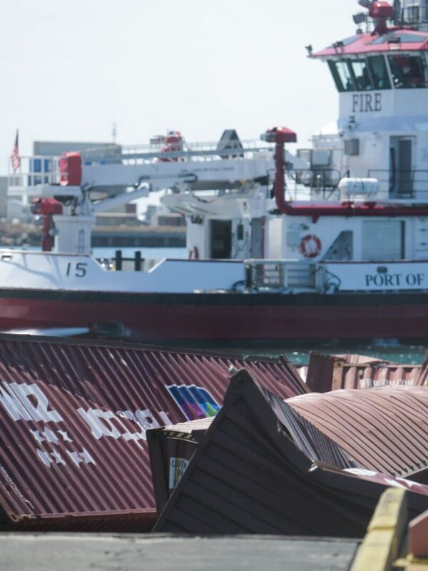 Dozens of shipping containers spill from docked vessel at Port of Long Beach