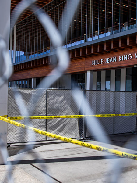 Long Beach begins building fence around Billie Jean King Library in downtown
