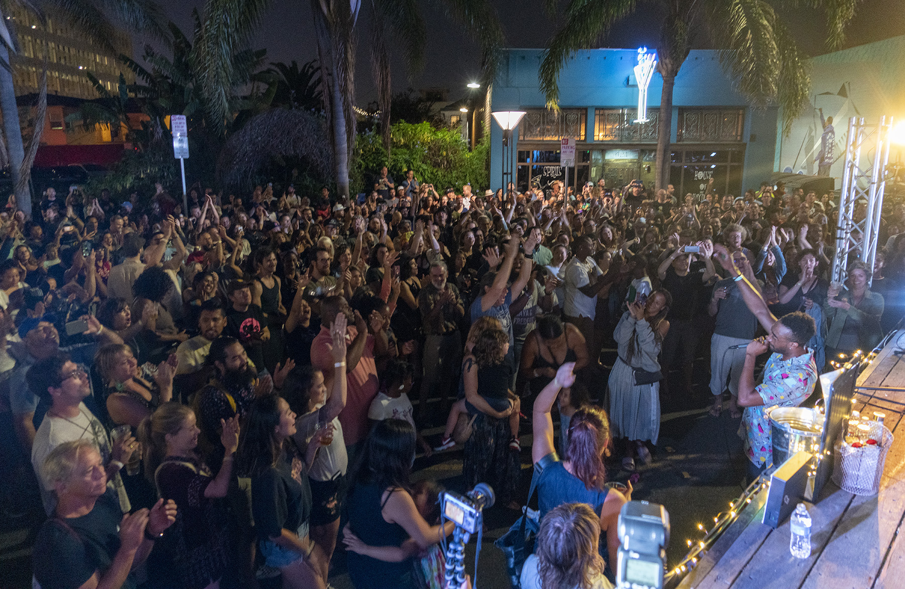A crowd of people celebrate at a concert.