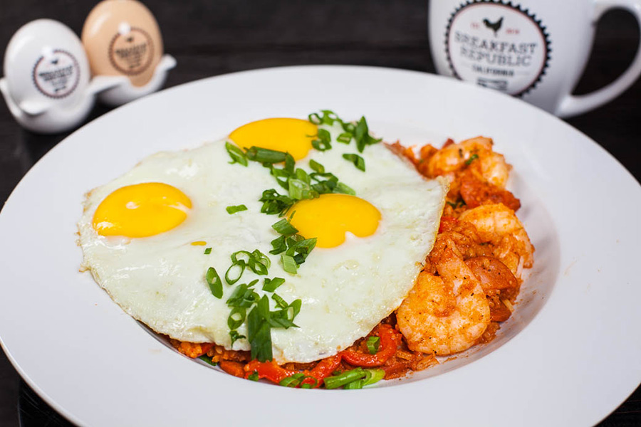 Breakfast Republic's Jambalaya is displayed on a table. 